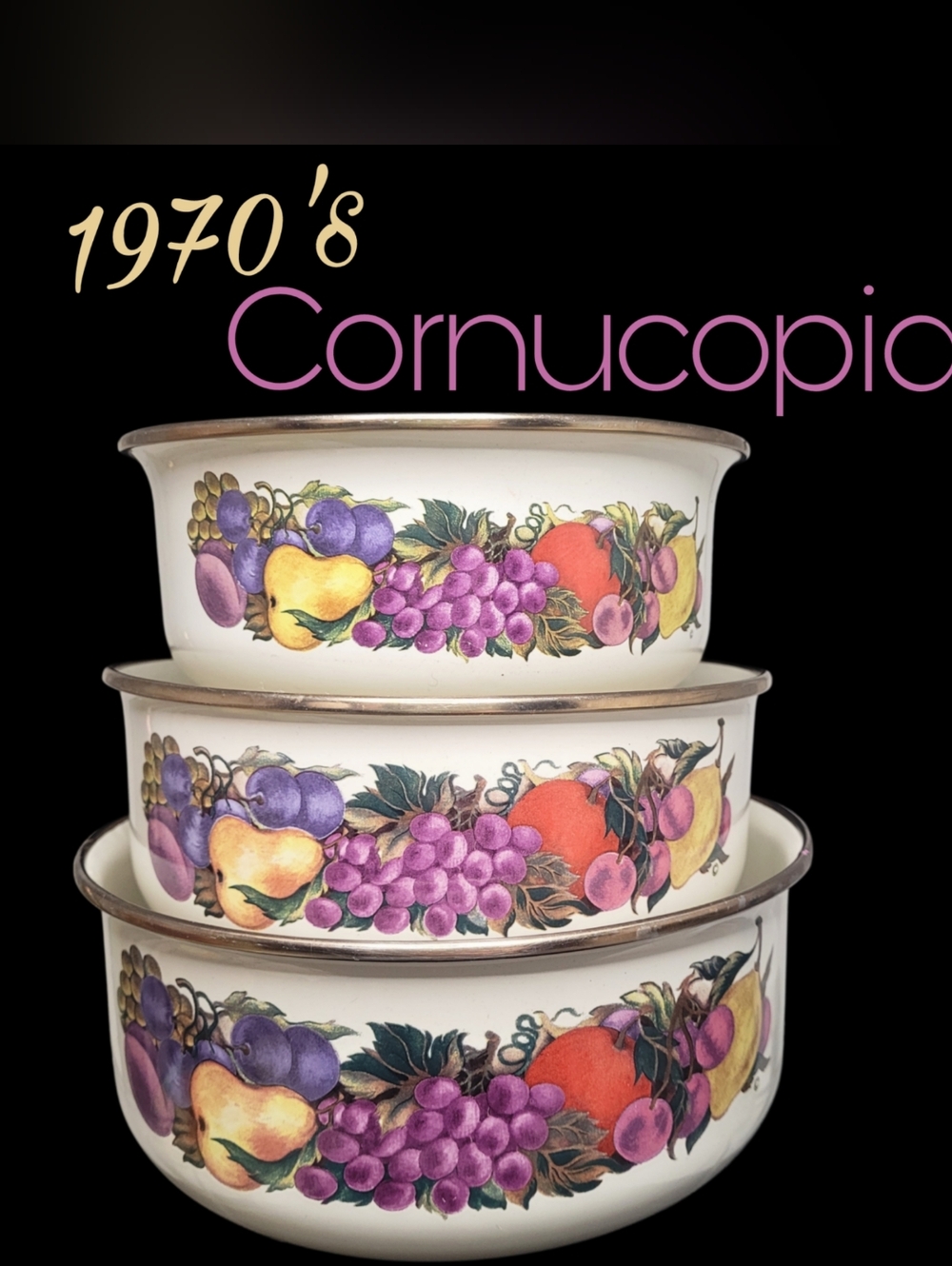 1970s Cornucopia Fruit Pattern Enamel 3 Mixing Bowls Set